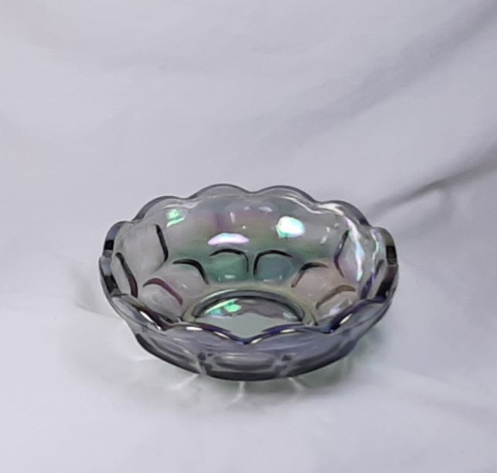 Vintage Iridescent Smoky Grey Gray Thumb Print Carnival Glass Serving Bowl Dish