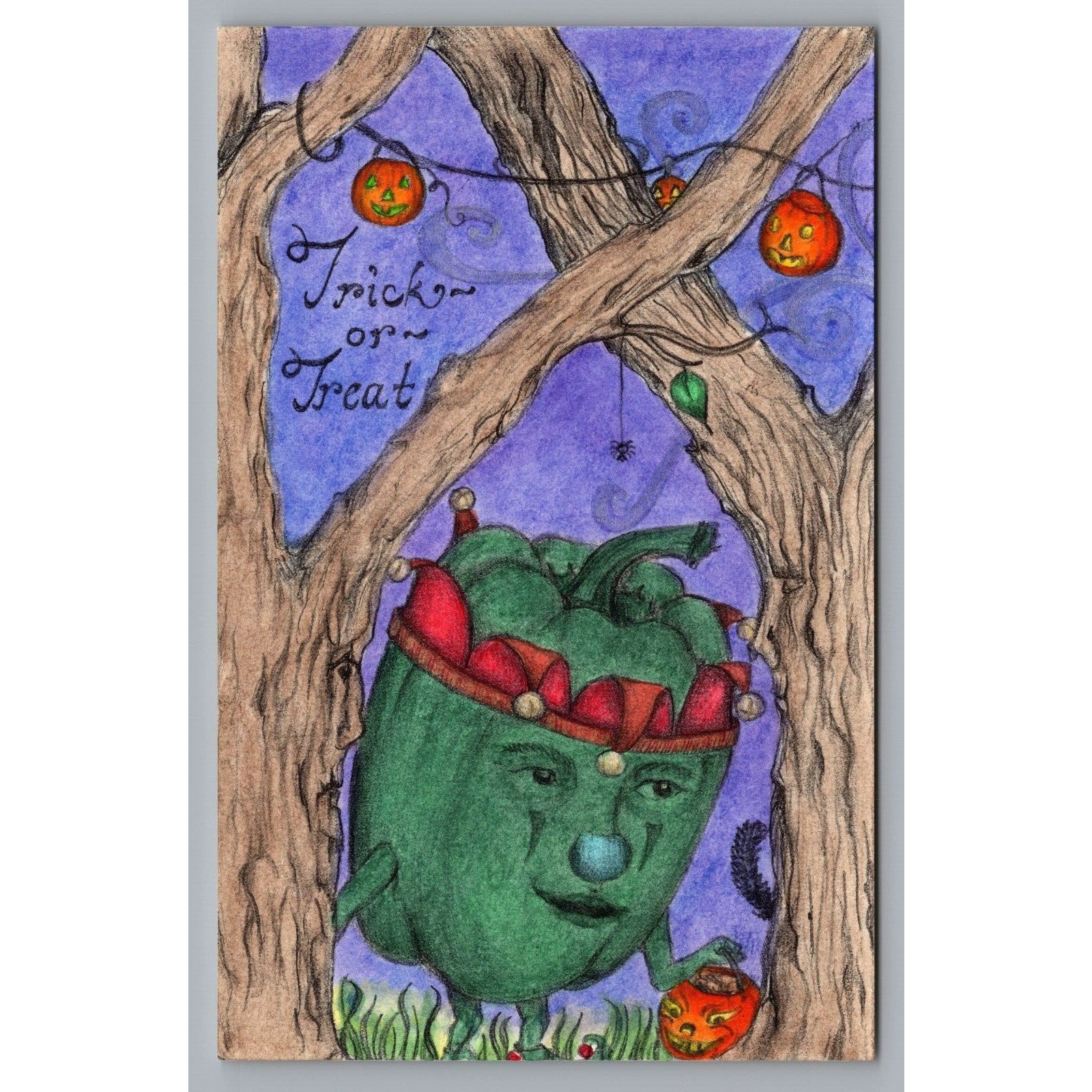 Flying Rabbit Handcolored Postcard Halloween Veggie People Trick or Treat Pepper