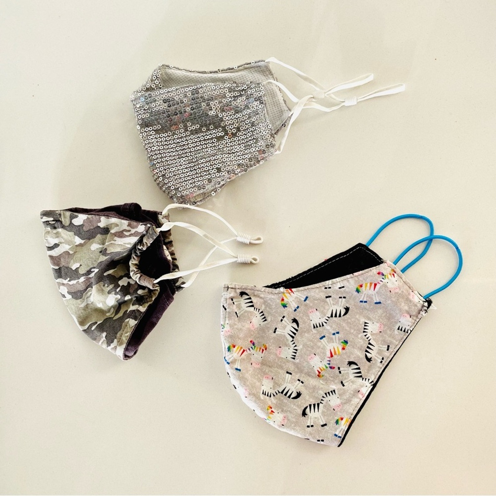 Unicorn Zebra Camo Sequin Fabric Cloth Adjustable Elastic Face Covering Mask s/3