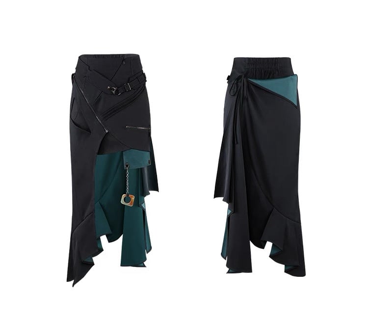 Designer brand two way style black and green irregular skirt