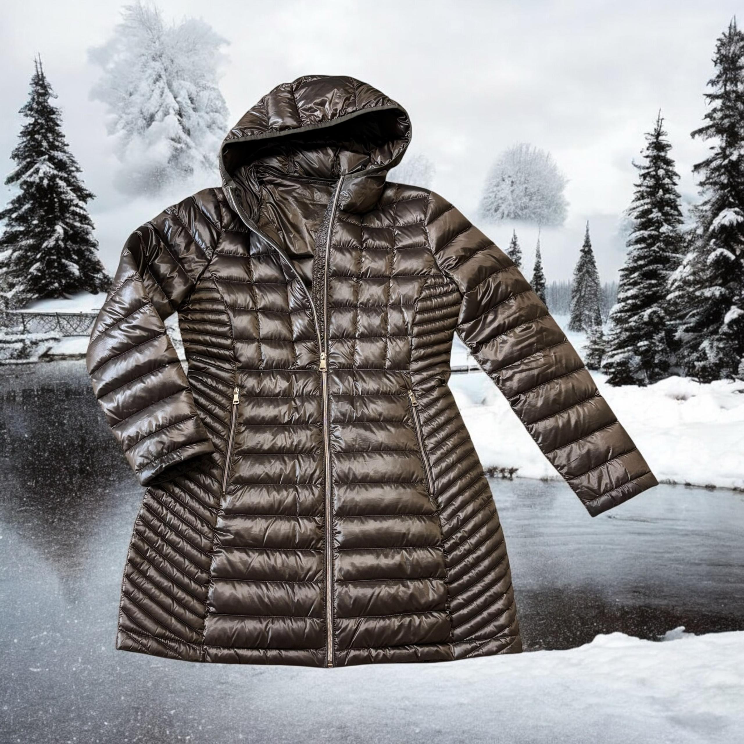 Calvin Klein Hooded Puffer Duck Down Jacket Coat Women Size M Brown Gold Zippers