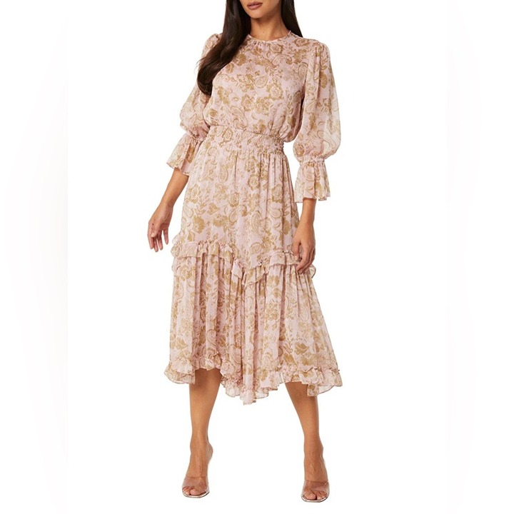 MISA YNES DRESS ROSE PAISLEY CRINKLE CHIFFON MIDI LENGTH NEW WITH TAGS