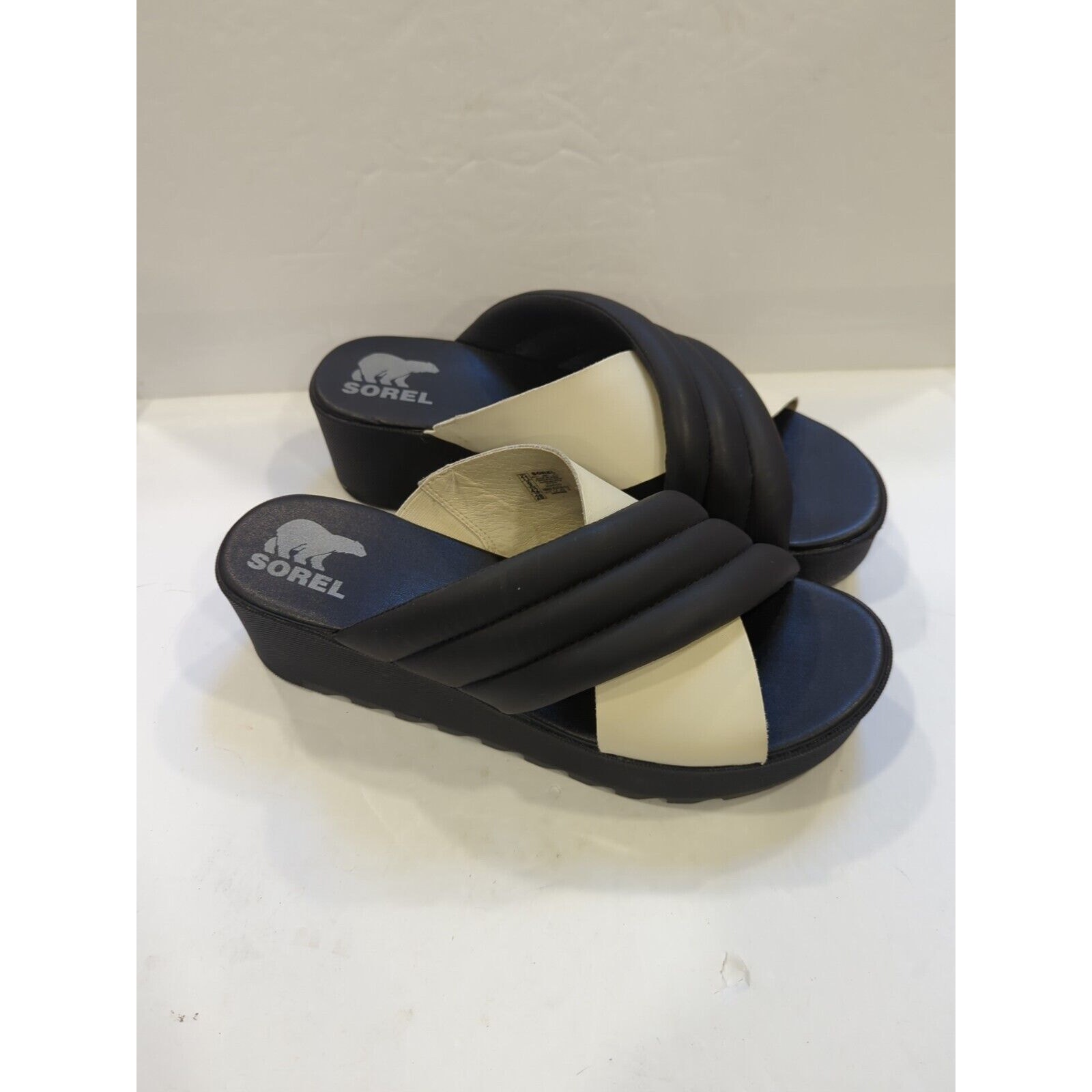 Sorel Womens Size 10 Cameron Flatform Puff Black Sea Salt Leather Sandals