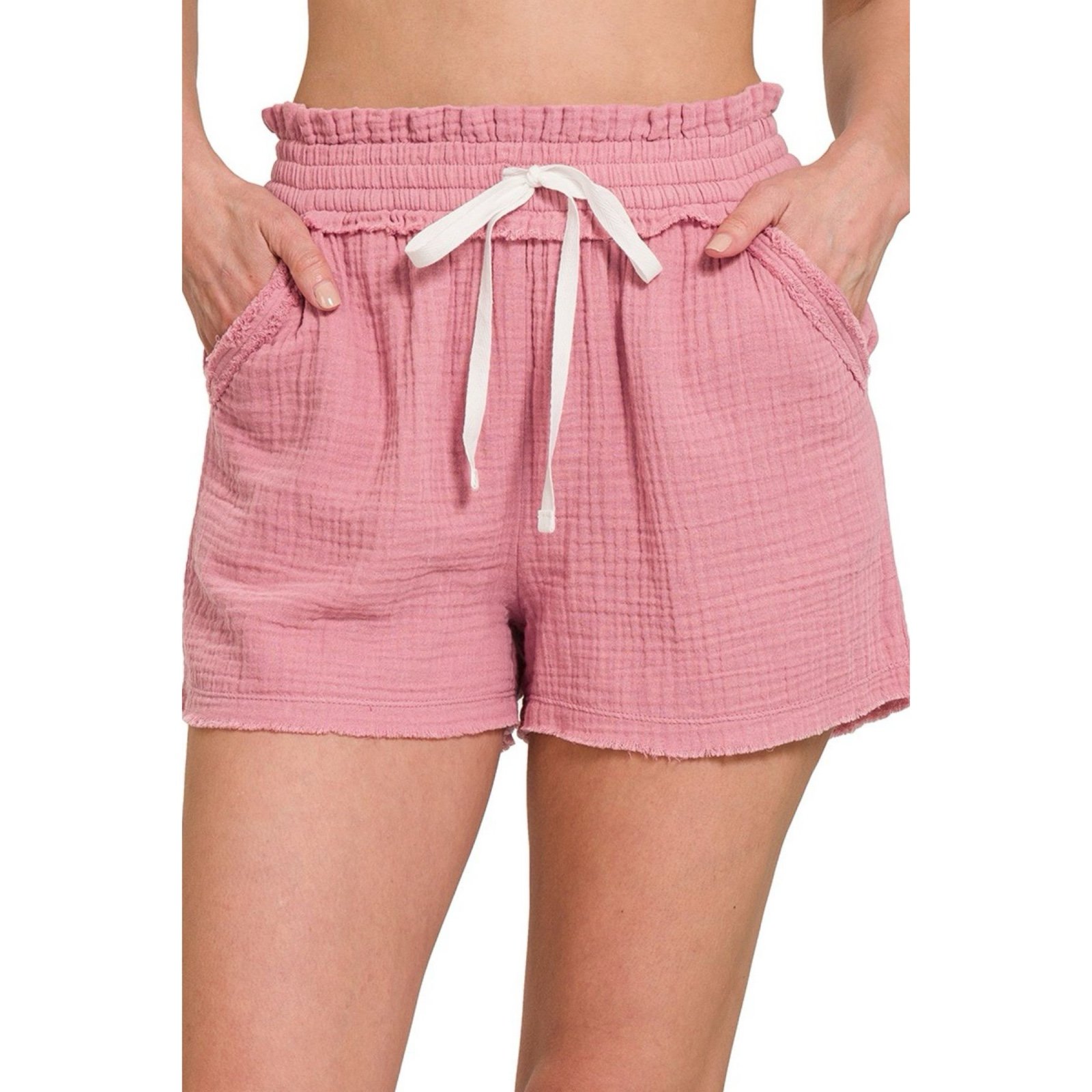 Zenana Double Gauze Elasticband Drawstring Waist Shorts Light Rose