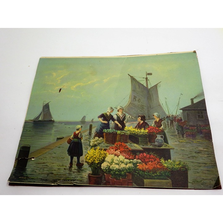 The Flower Mart Print 1936 Dutch Pier Warf Vintage Distressed
