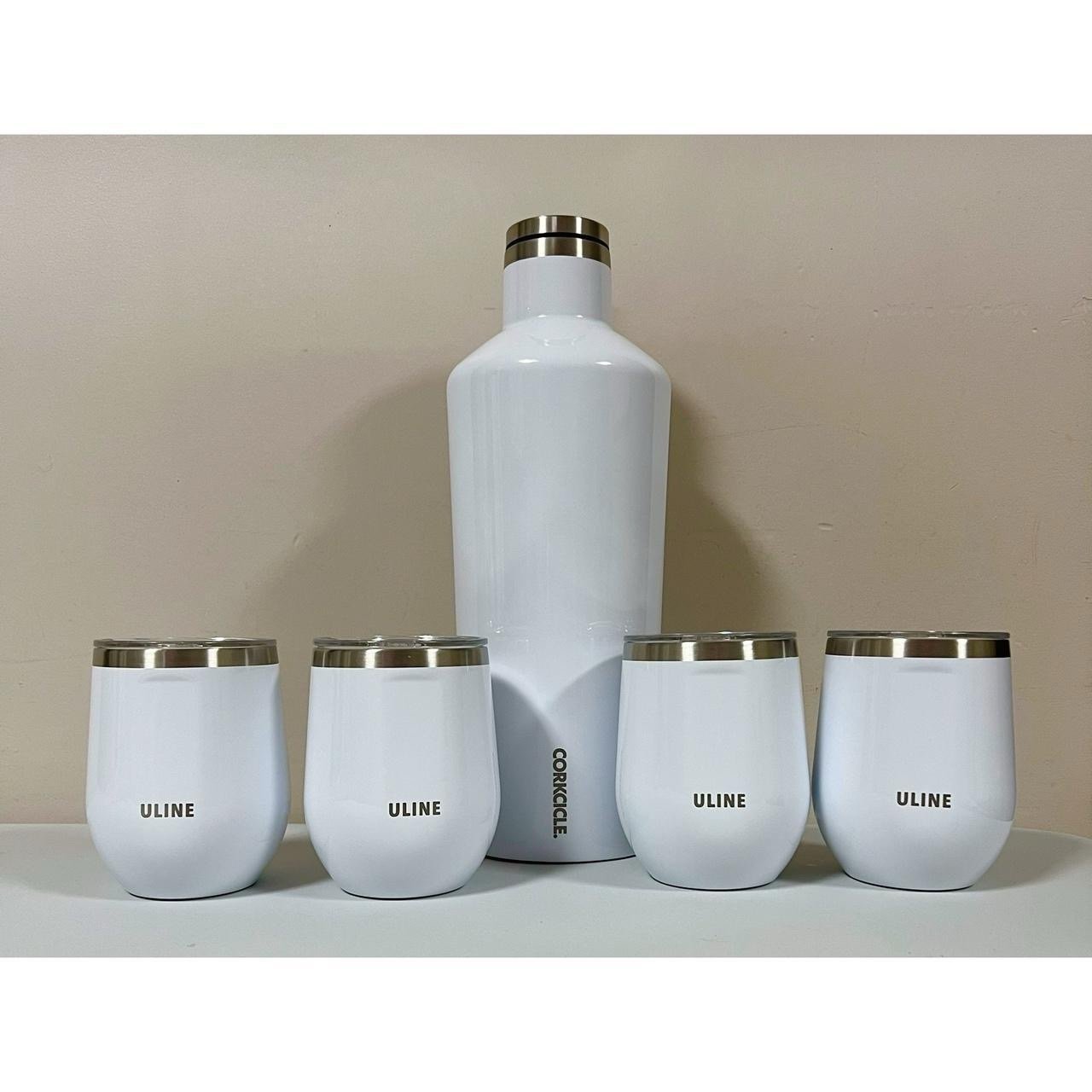 Uline Corkcicle White 60 oz Canteen and Set of Four 12 oz Stemless Wine Glasses