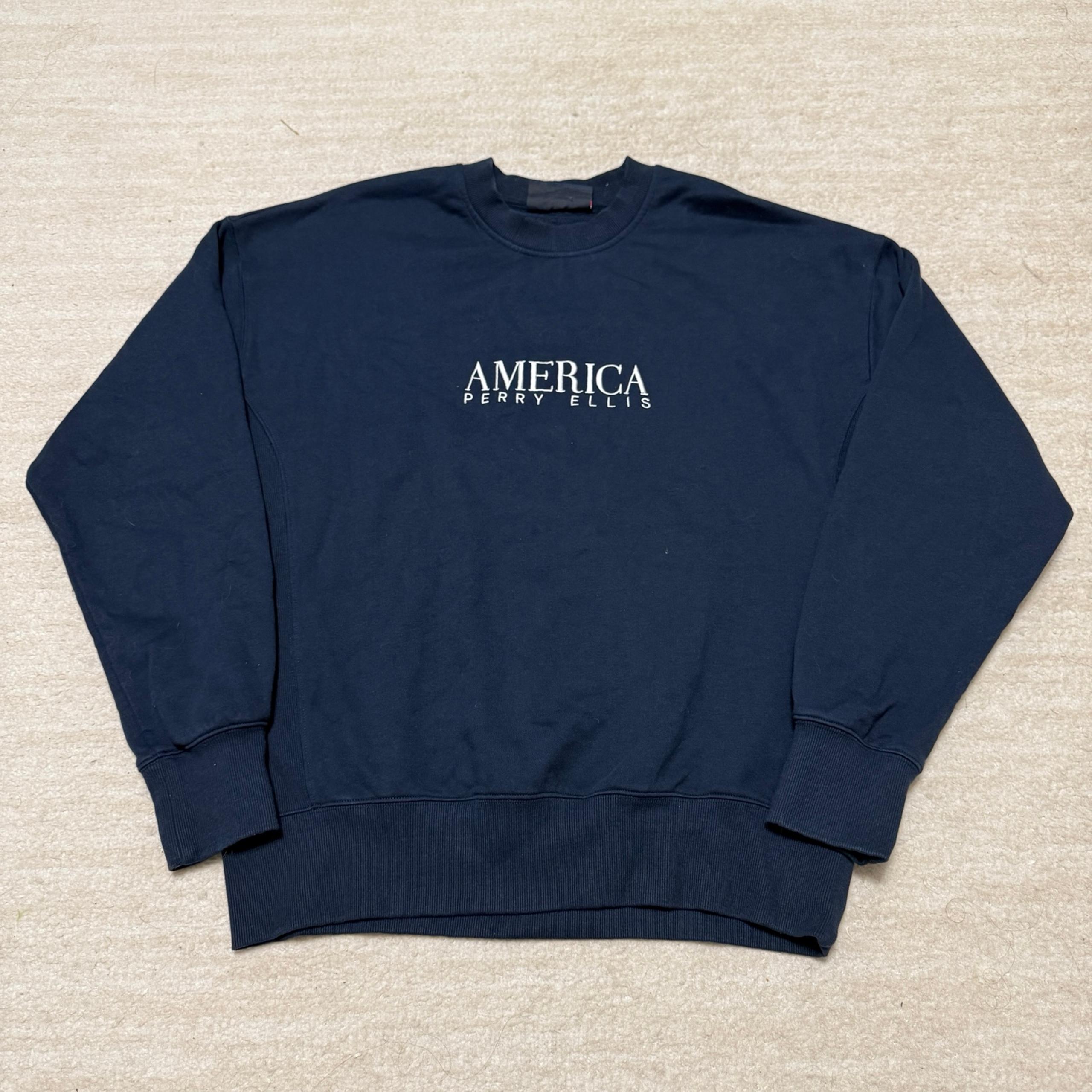 Vintage Perry Ellis America Spell-out Sweatshirt Navy Blue Size Large 90's Prep