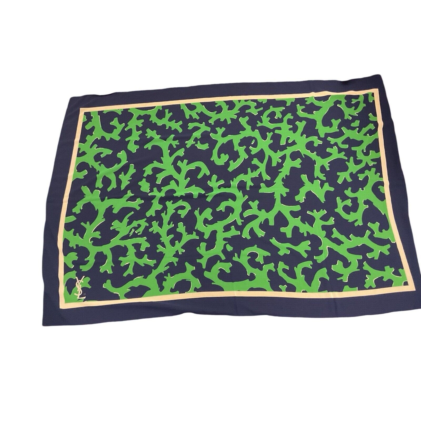 Yves Saint Laurent (YSL) 100% Polyester Scarf - Green & Navy Botanical Design