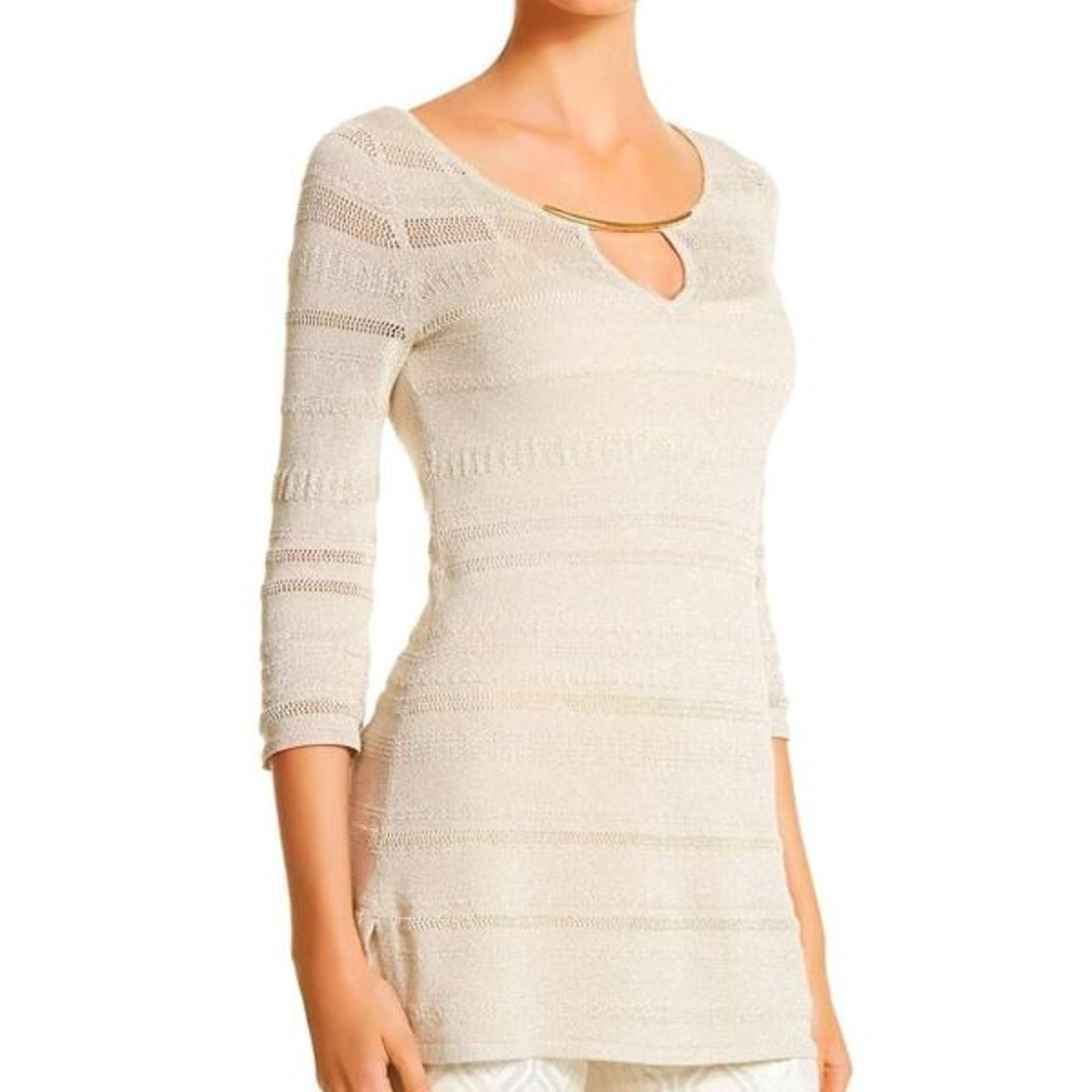 WHBM White House Black Market Metallic  Keyhole Knit Tunic 3/4 Sleeve Blouse Sm