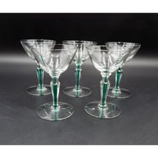 Vintage Morgantown Fischer Green Filament Stem 3 oz Cordial Glasses Lot of 5