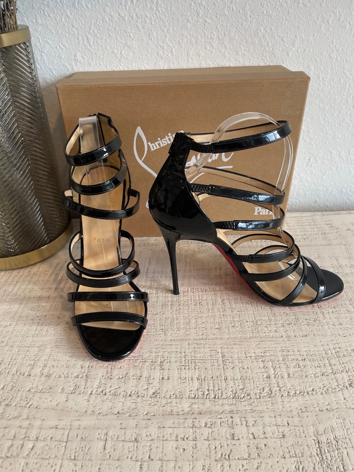 Christian Louboutin black patent strapy leather heels