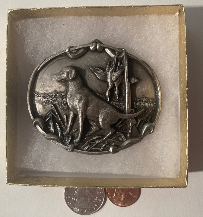 Vintage 1986 Metal Belt Buckle, Labrador Retriever, Duck Hunting, Water Fowl