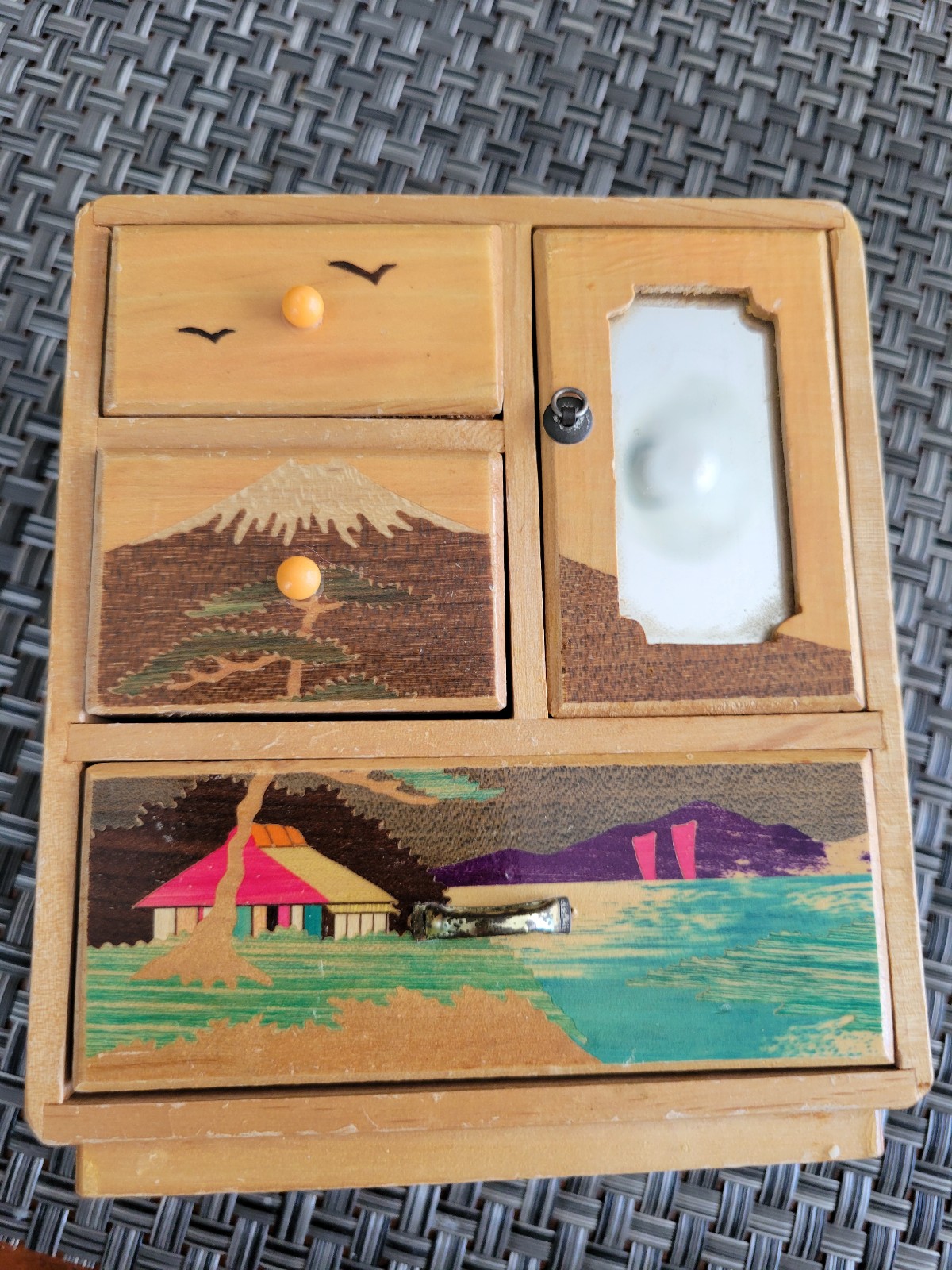 Wooden inlay Japan vintage Doll Dresser Trinket Holder jewelry Box