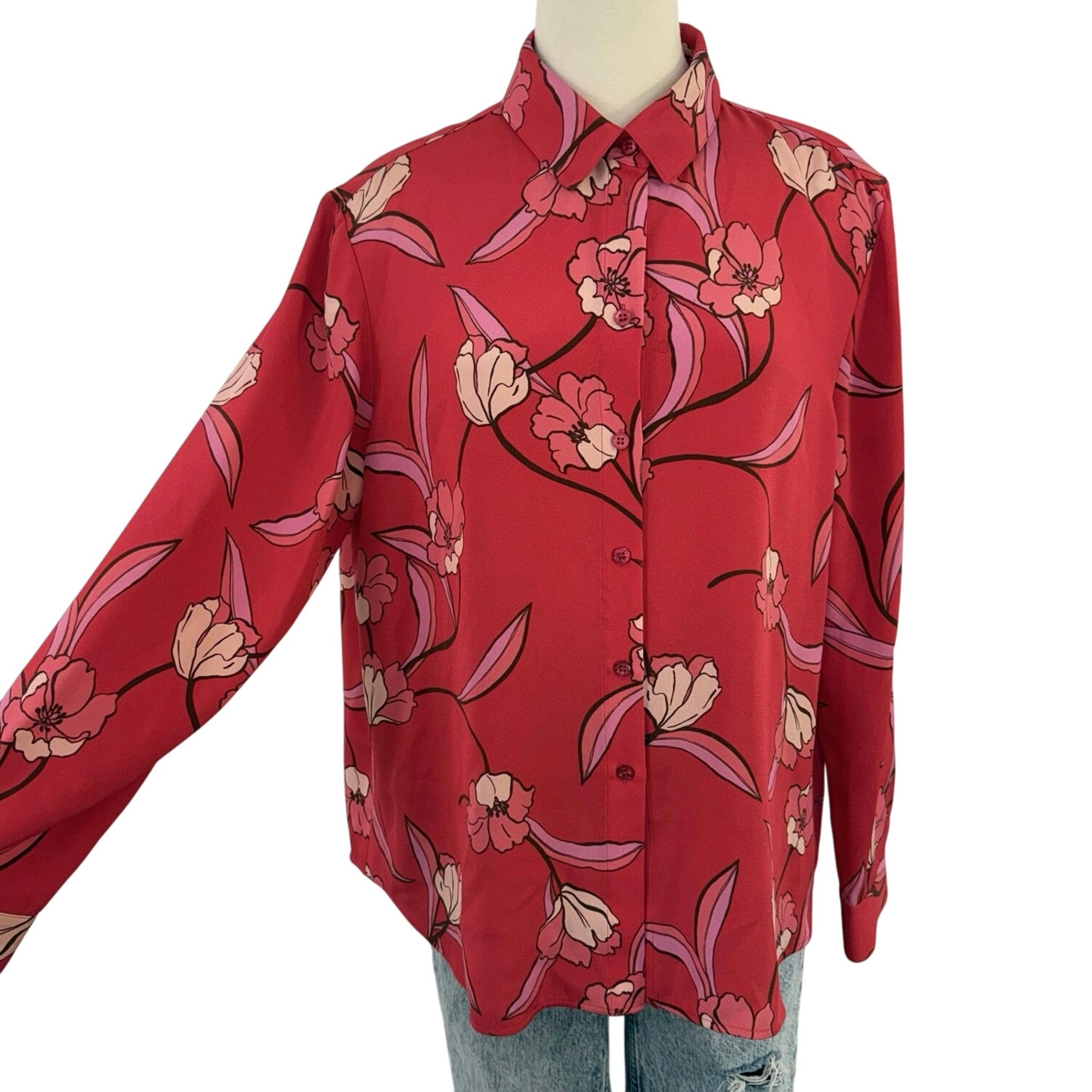St. John Stretch Silk Button-Down Long Sleeve Shirt Poppy Red Floral 12