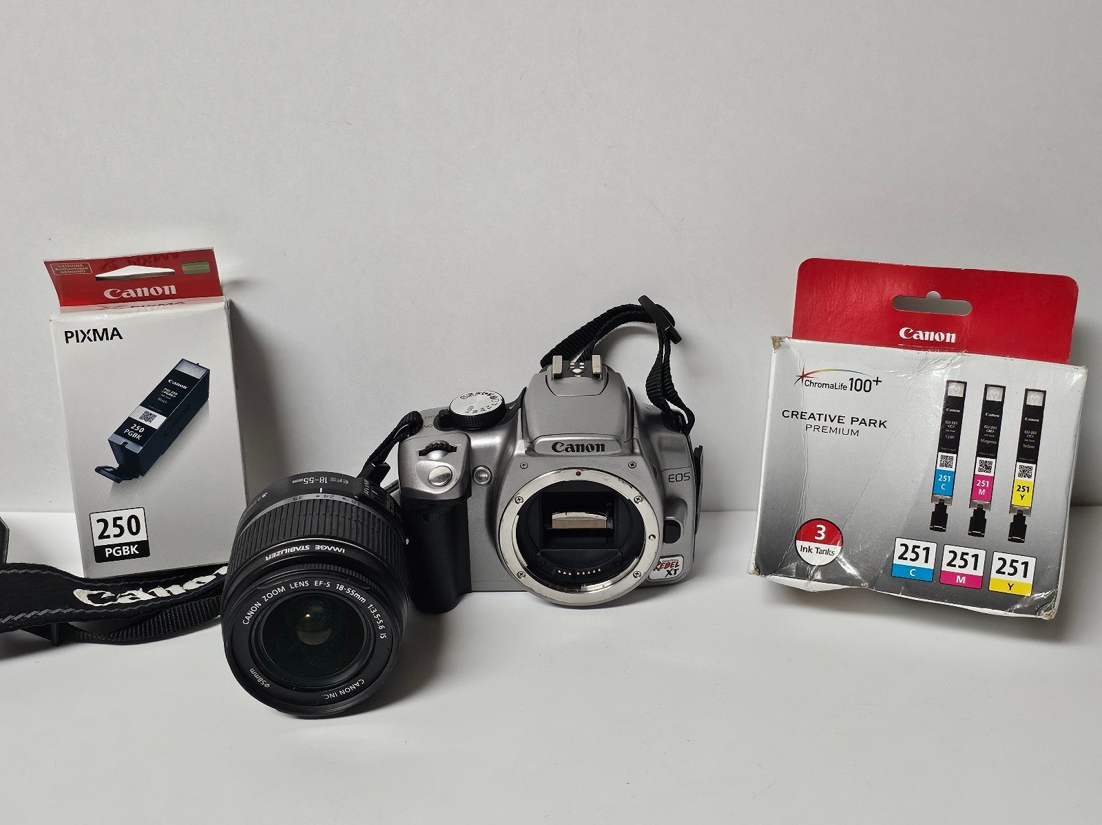 Canon Digital Rebel XT Camera, EF-S 18-55 Zoom Lens, Ink Packs lot