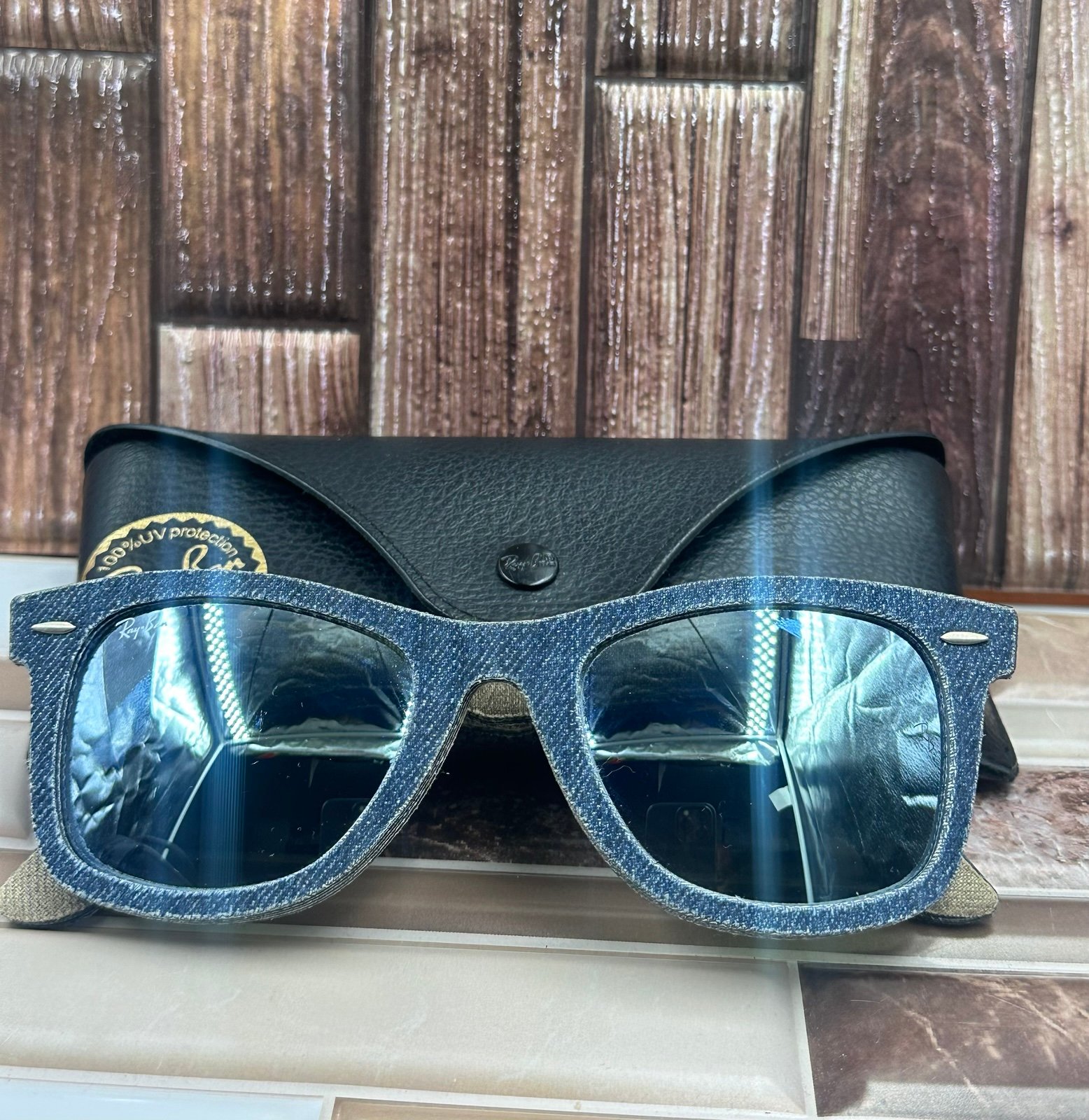 RAY-BAN WAYFARER DENIM ACID WASH BLUE TAN BEIGE RB2140- 1194/30 SUNGLASSES 52022