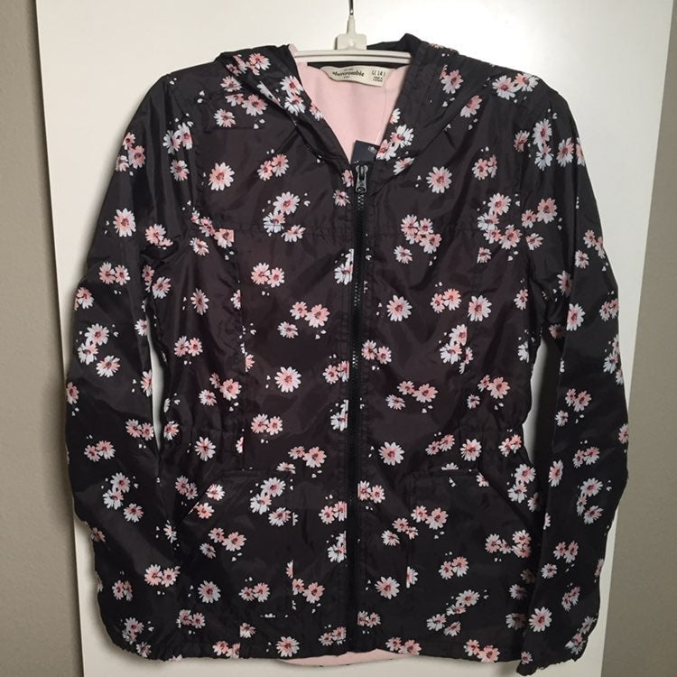 Abercrombie Youth Girl's Hooded Windbreaker Jacket Pink Fleece Lined Floral