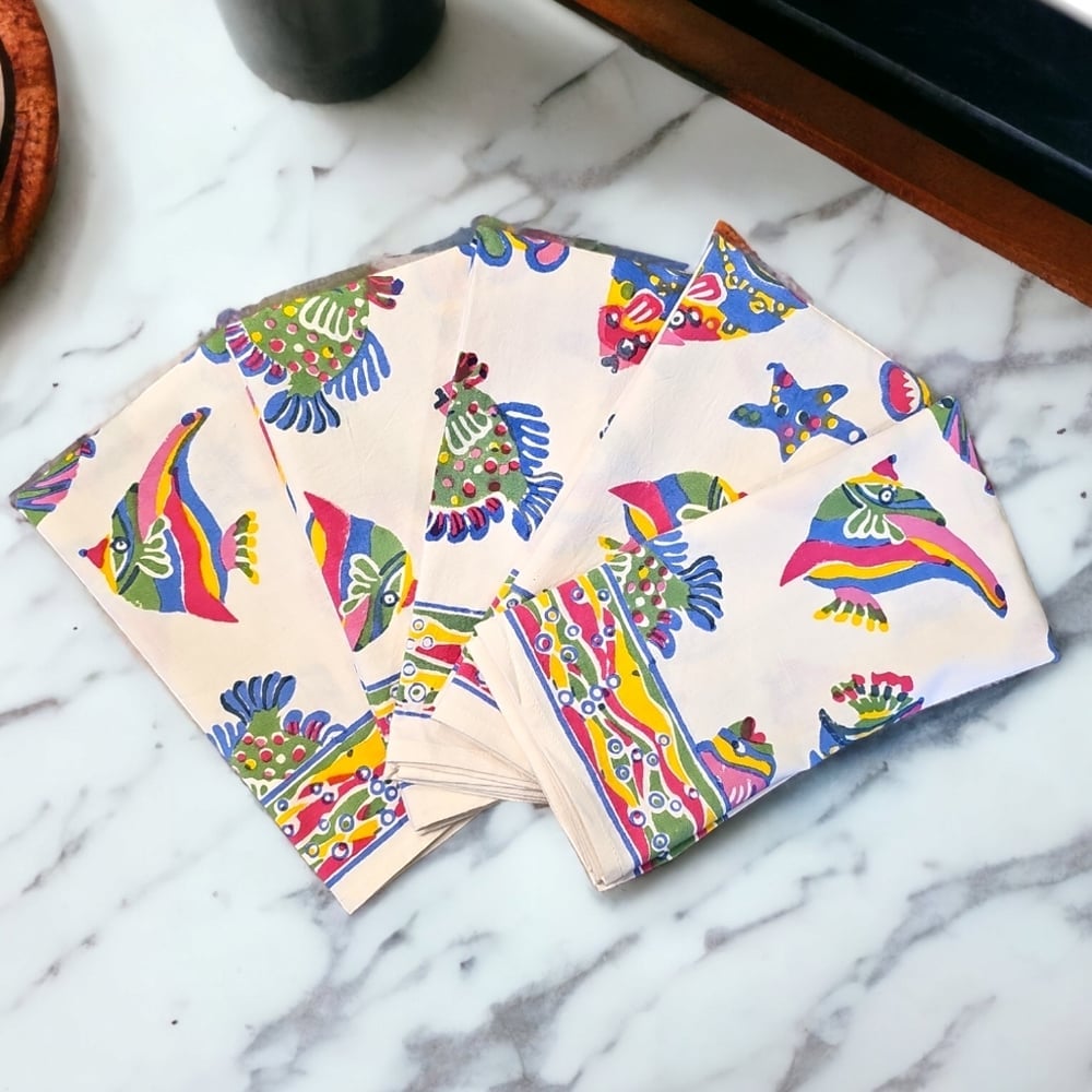 Pomegranate Fish Design Multicolored Cotton Cloth Napkins Set Of 5 - 20 x20