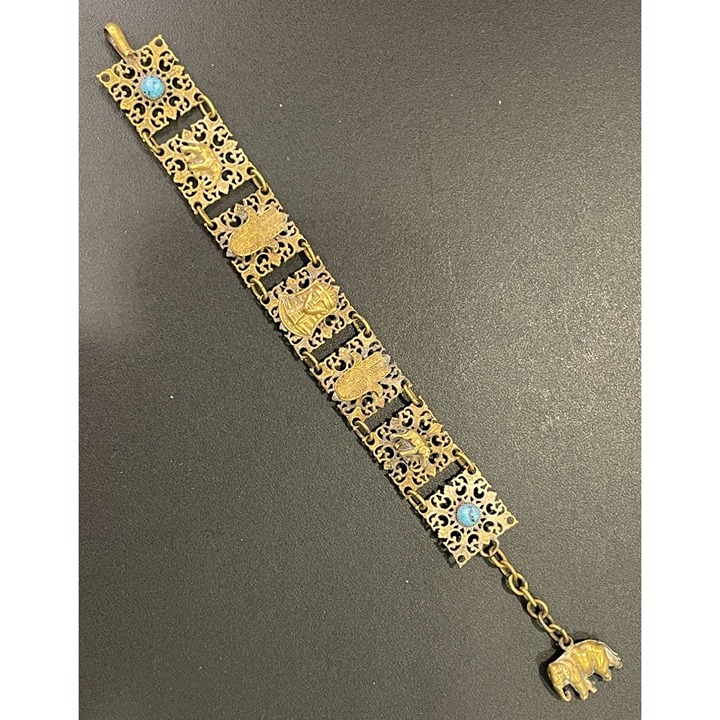 Vintage Egyptian Revival Filigree Bracelet Elephant Hand of Hamsa Pharoah Links