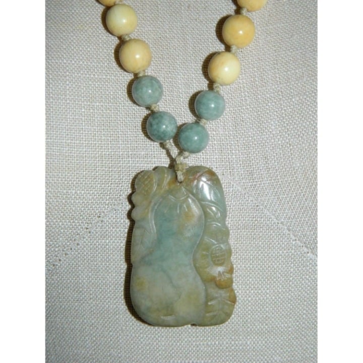 Antique Sterling Silver Apple Jade Bovine Bone Bead Carved Pear Acorn Necklace