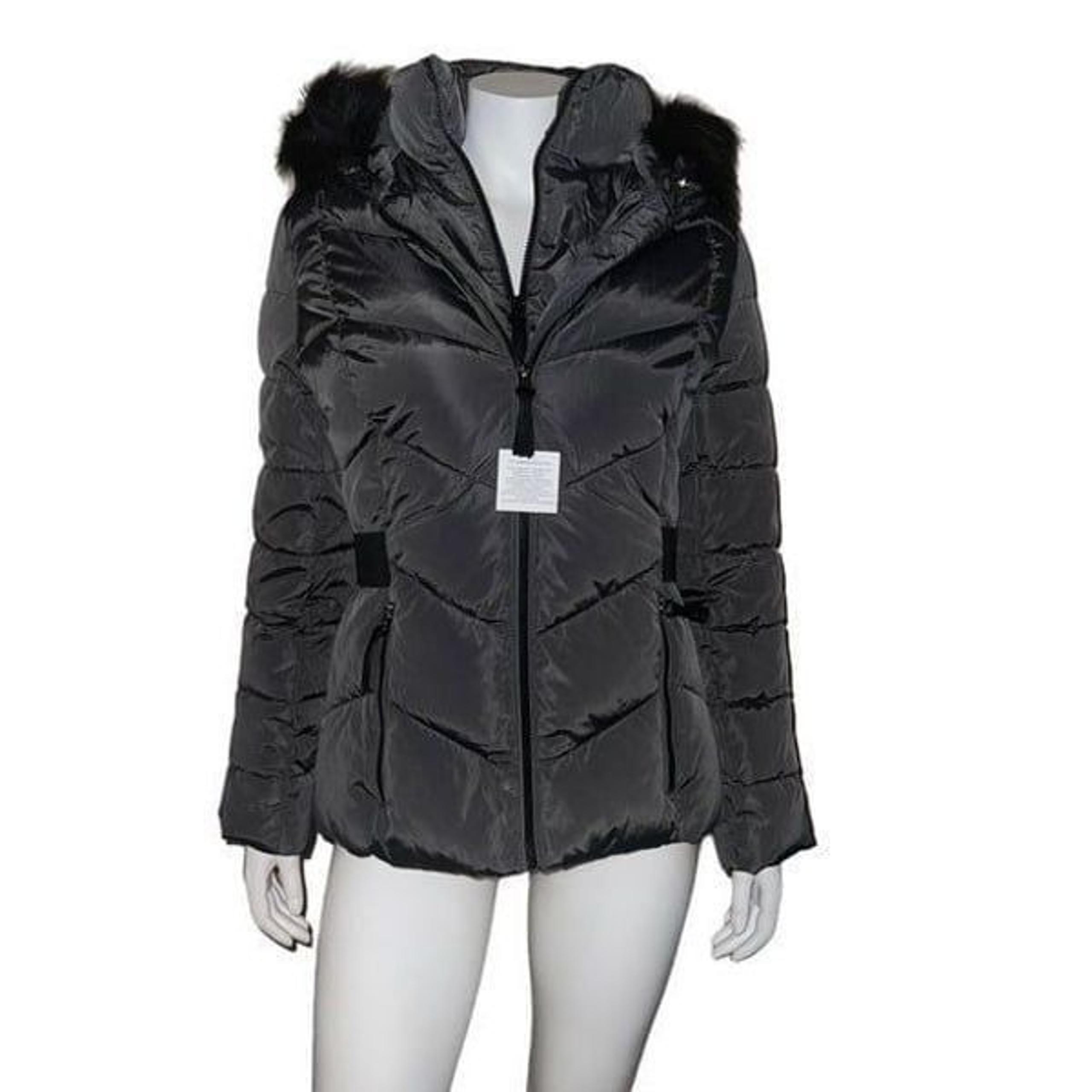 Calvin Klein Womens Zip Faux Fur Hooded Puffer Jacket Dark Gray Medium NWT