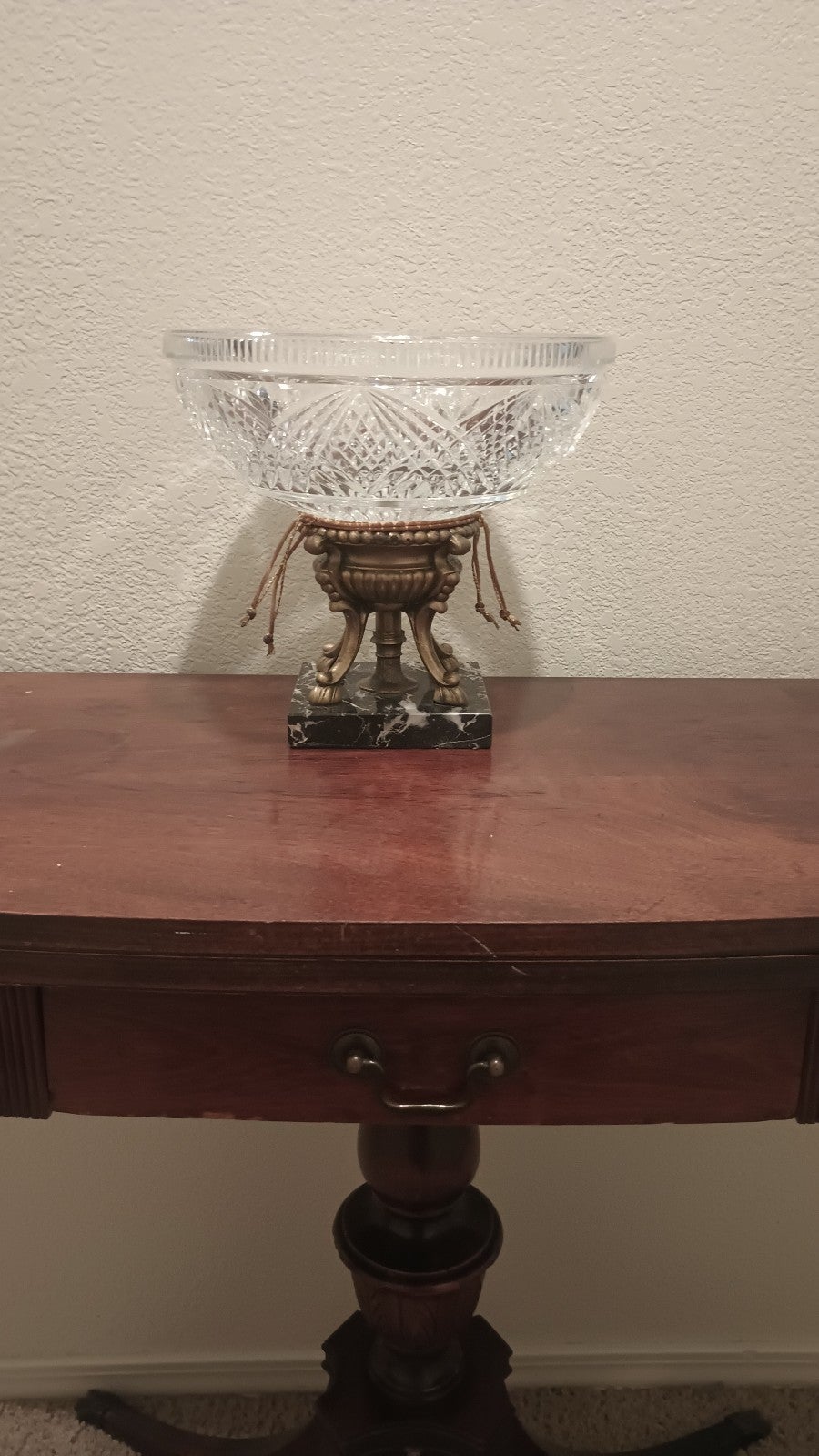 Vintage Crystal Bowl on Brass Pedestal and Marble Base
