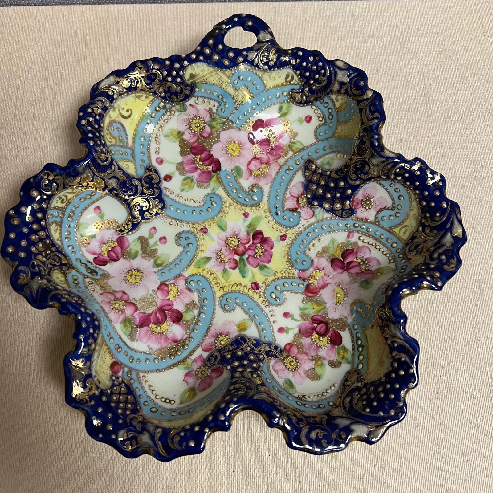 Vintage Hand-Painted Polychrome Beaded Plate