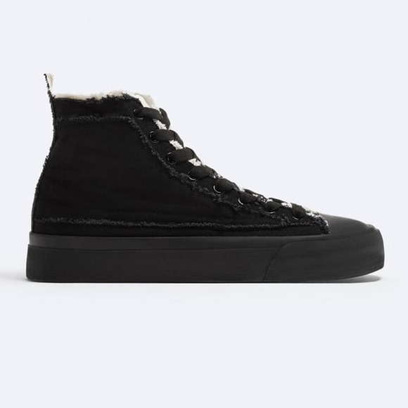 NWT. Zara Man Black Frayed Canvas High-Top Sneakers. Size 12.