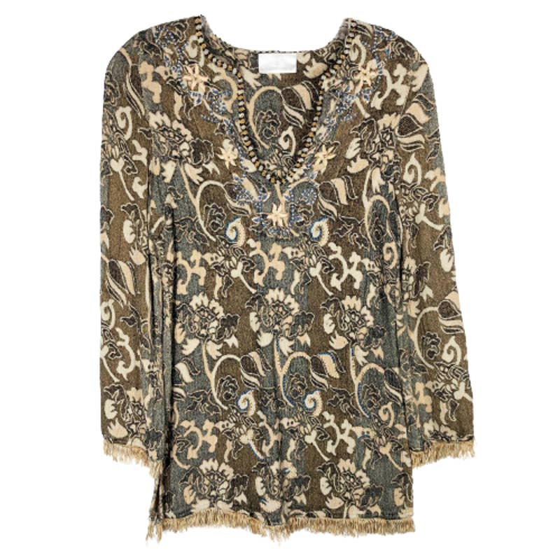 Soft Surroundings Small Tunic Top Knit Beaded Embroidered Fringe V Neck 799