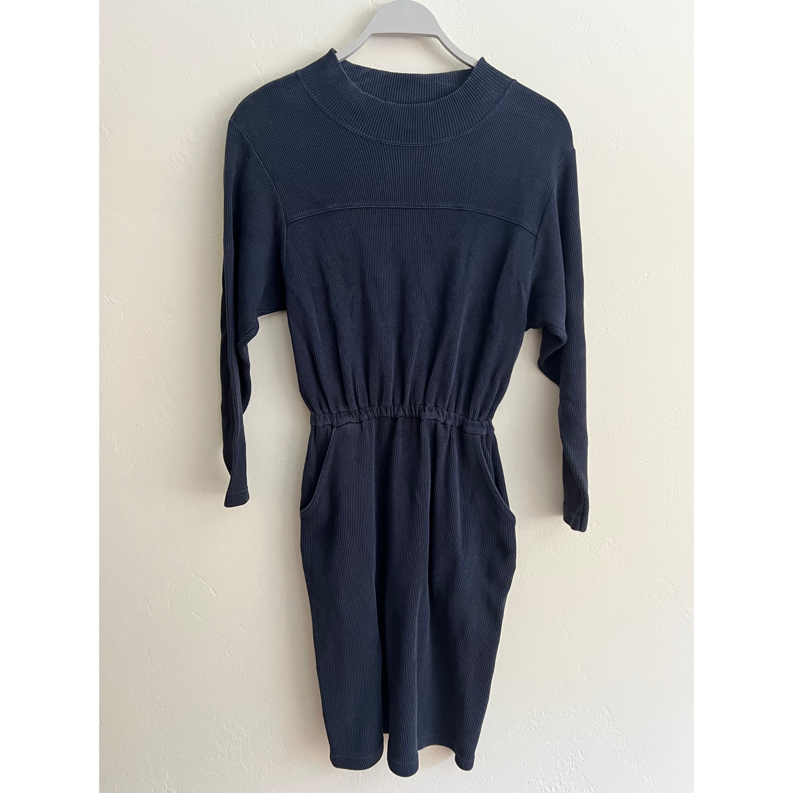 Vintage 80’s Banana Republic Ribbed Long Sleeve Navy Blue Midi Dress Size: XS