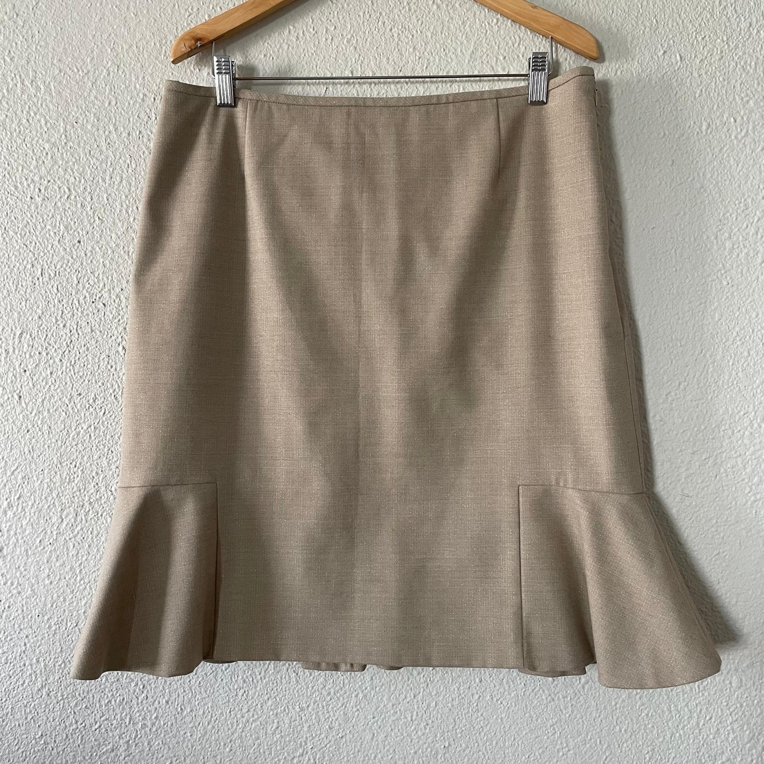 Antonio Melani Pencil Skirt Women’s 14 Beige Shimmer Ruffle Side Zipper Flounce