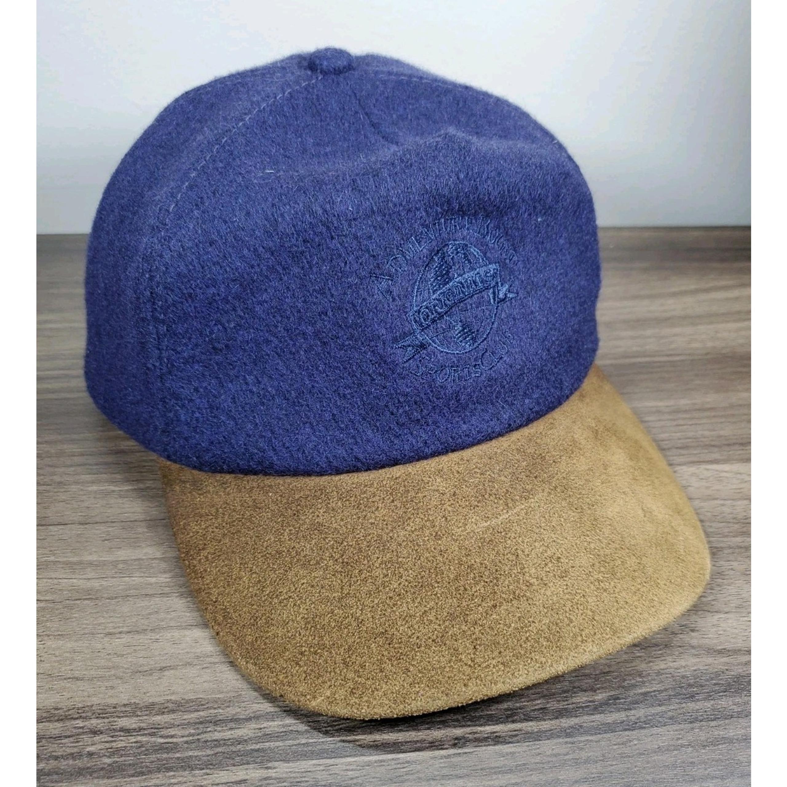 Vintage Leather & Wool Adventure Bound Hat Strapback Cap USA Navy Blue & Brown