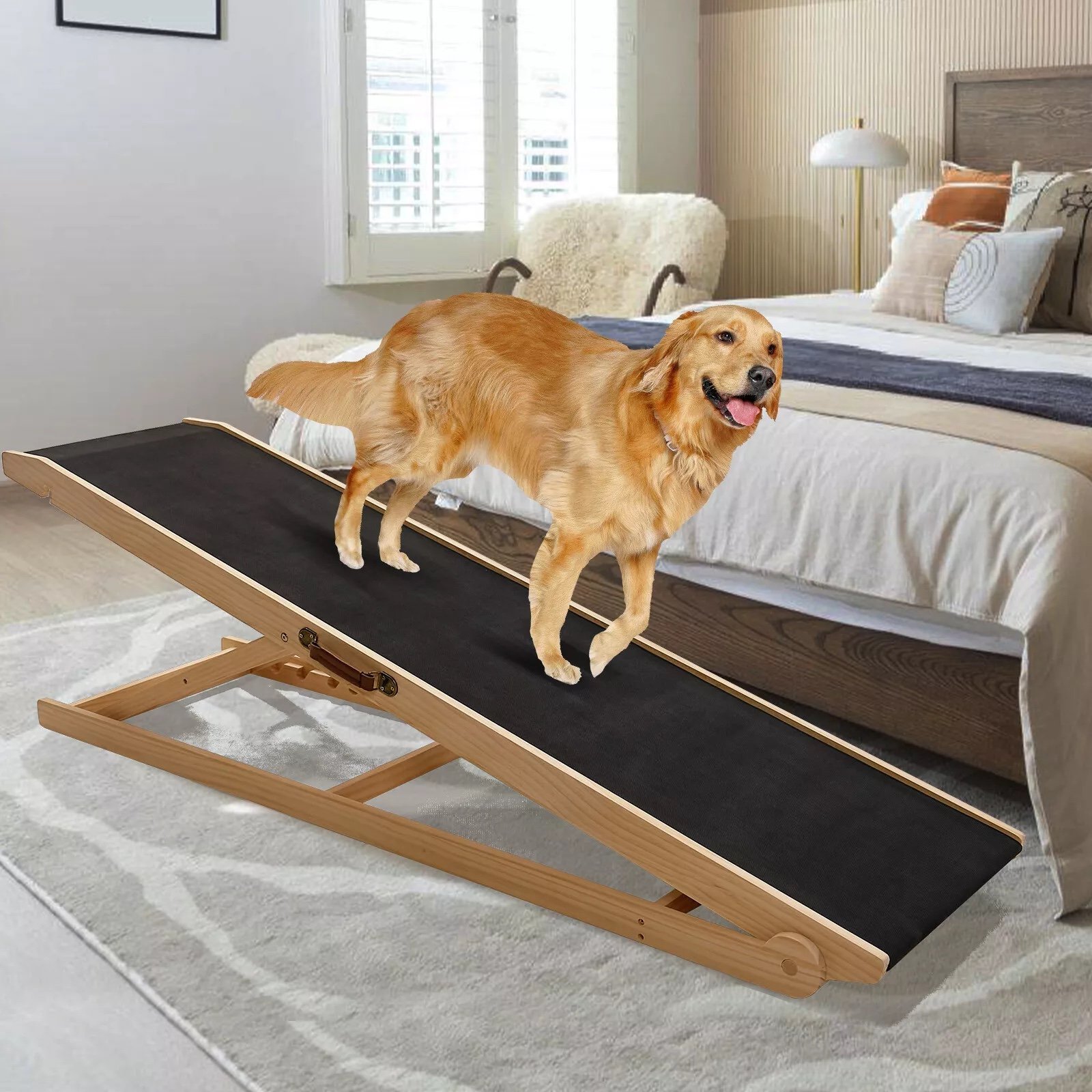 63'' length Folding Wooden Dog Ramp for High Bed 5 Level Adjustable Pet Ramp Non