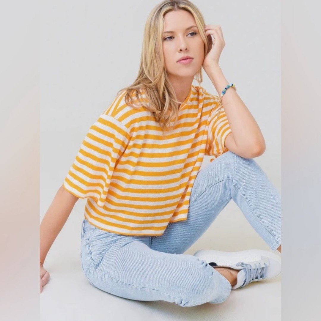 Frame Stripe Boxy Crop Organic Slub Linen Top Orange Off White Womens Size Large