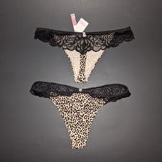 NWT VS PINK vintage leopard black lace extra low rise panty thong M