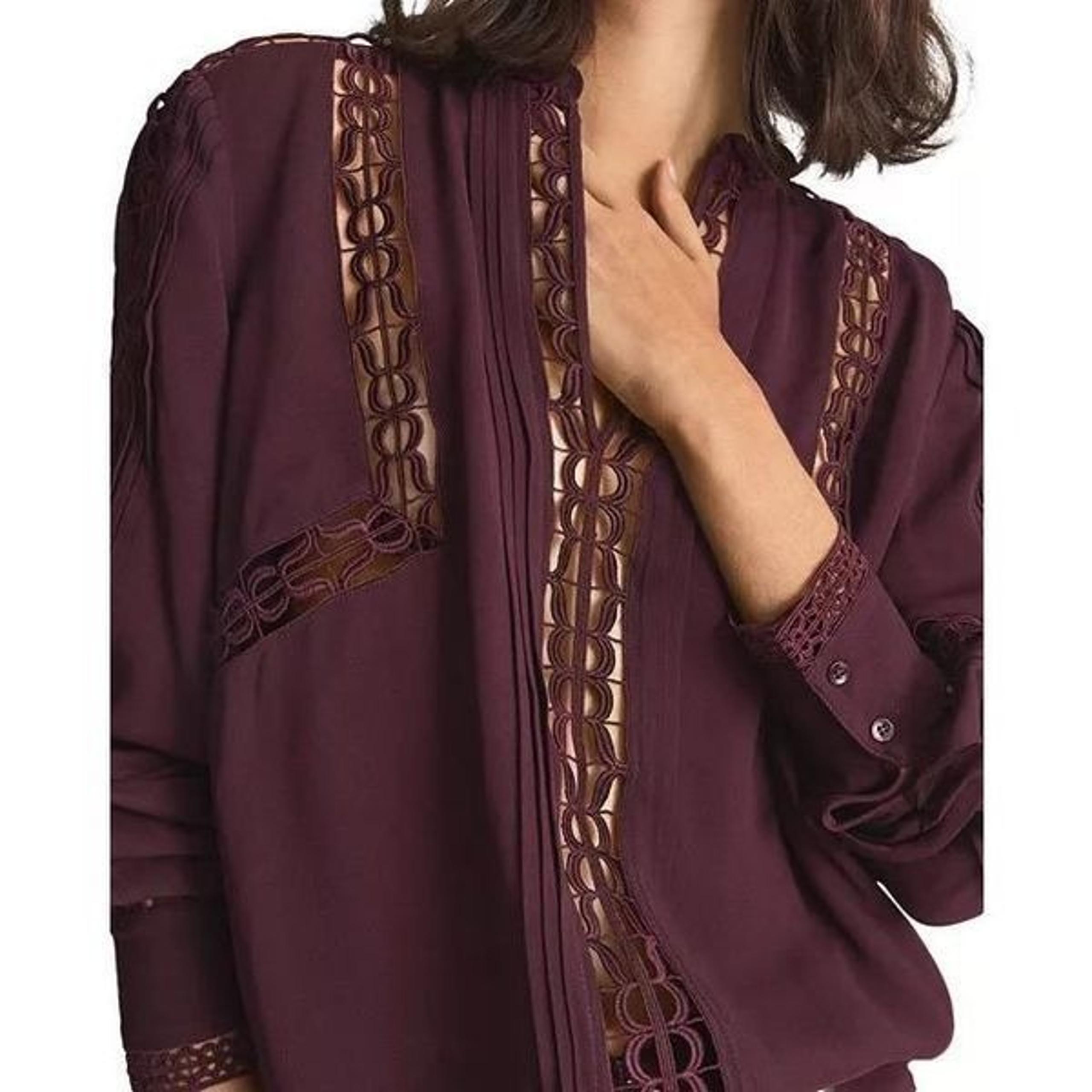 Reiss Women's Burgundy Freda Bloom Detail Lace Trim Elegant Blouse Size 8 NWOT