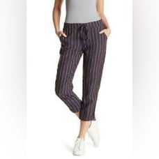 Allen Allen Women's Cropped Pants Blue White Loose Elastic Waist 100% Linen Sz M