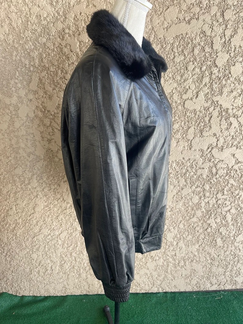 年末のプロモーション大特価！ Leather Black Reversible 80s vintage and Jacket Bomber Fur Mink ジャケット・アウター