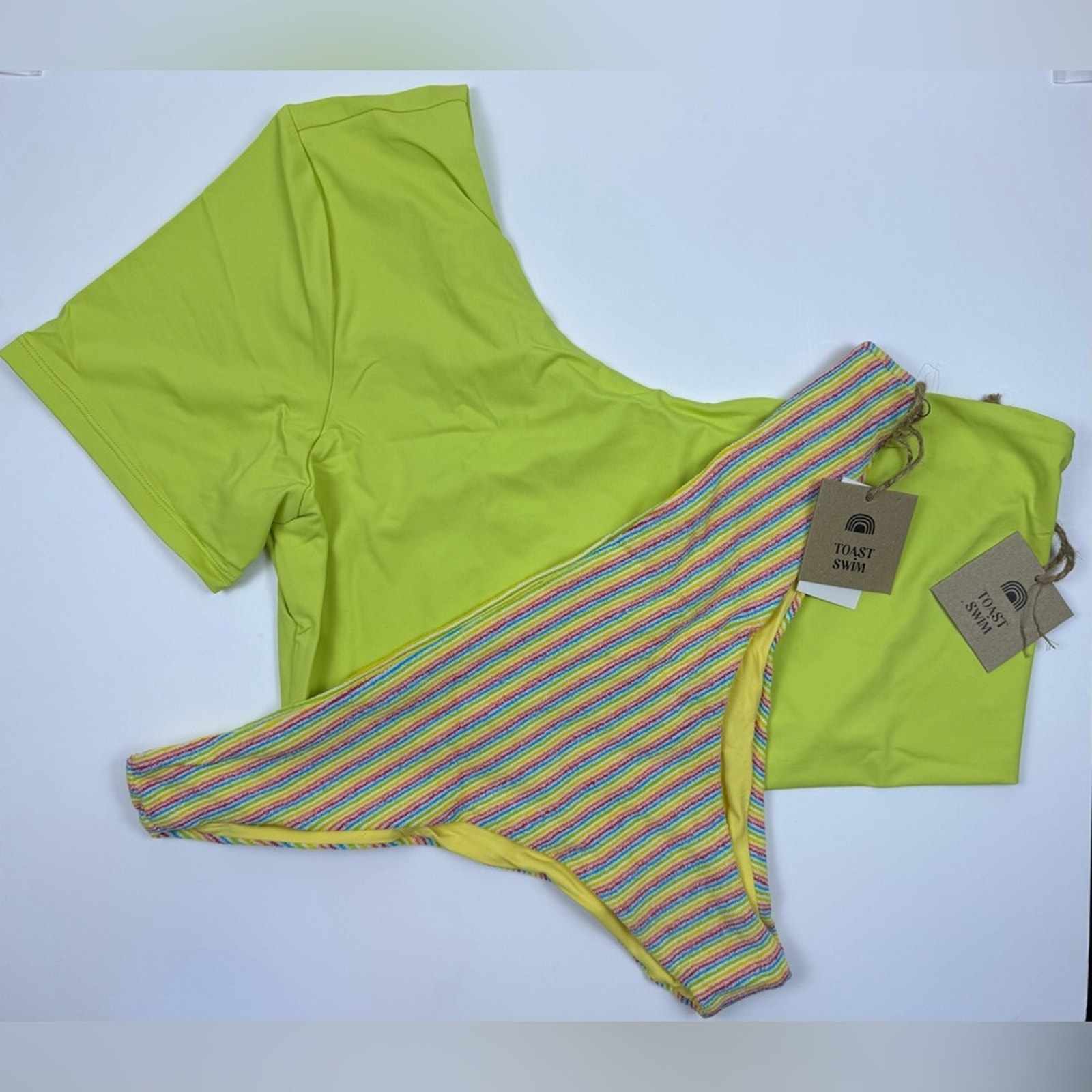 NWT Free People x Toast Bikini Set Green One Shoulder Top Rainbow Bottom XL