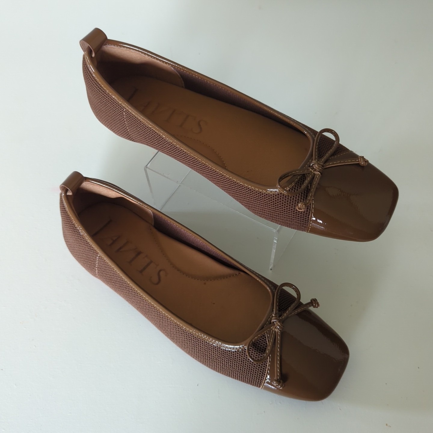 Eric Javits Parris Caffe Leather Mesh Ballet Flats Shoes Bow Square Womens 7.5