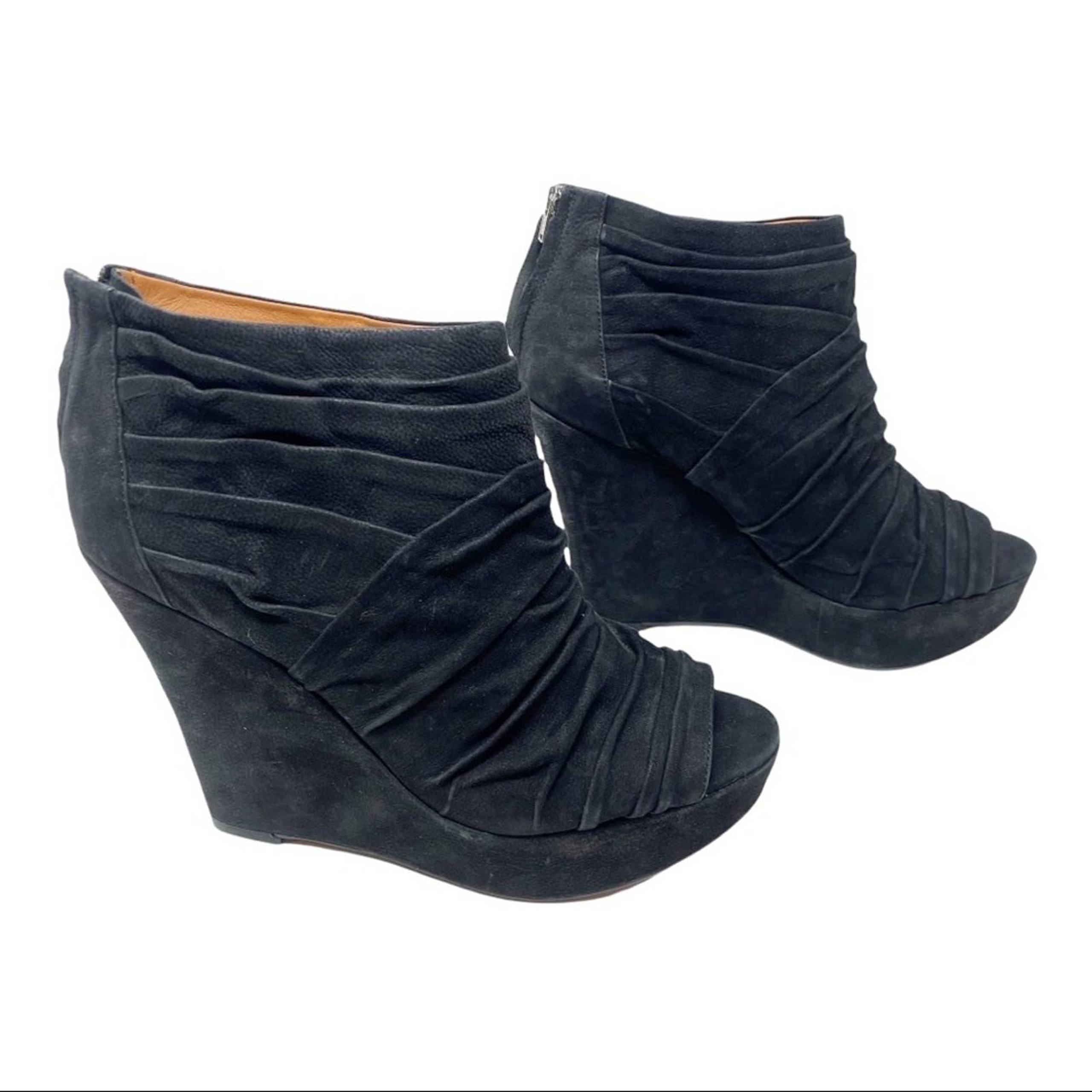 Elizabeth and James honey ruched suede wedge ankle booties
