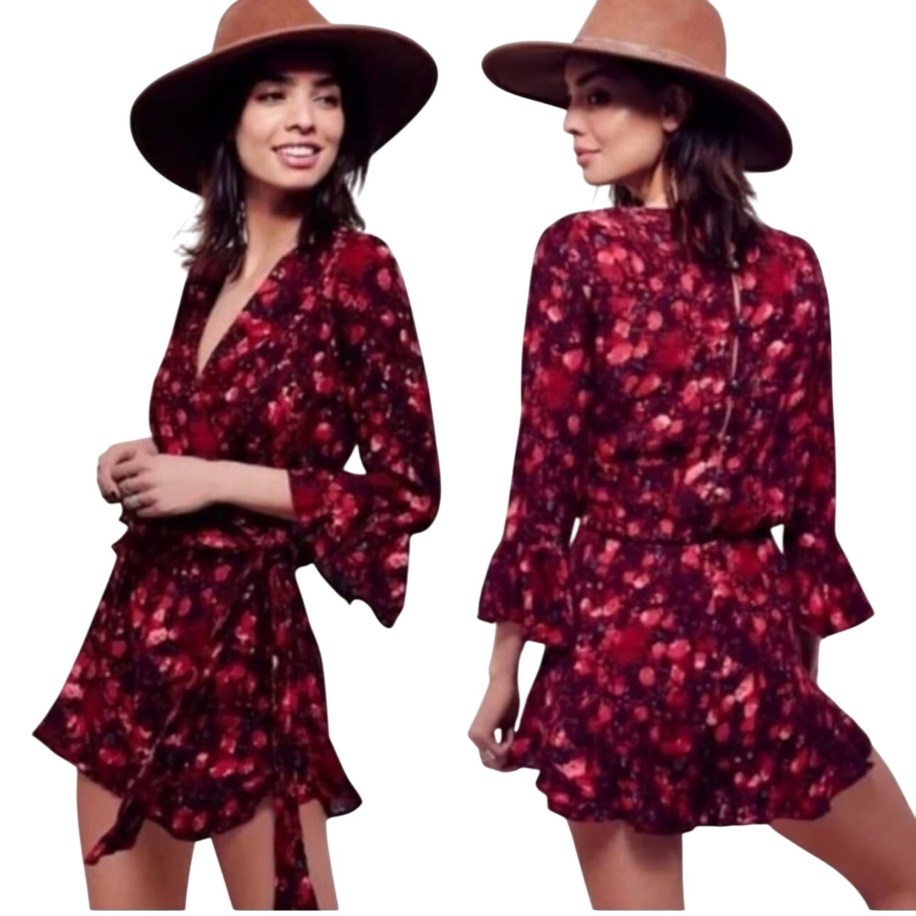 Free People Romper Size XS Red Wild Moon All The Right Ruffles Boho Bell Sleeve