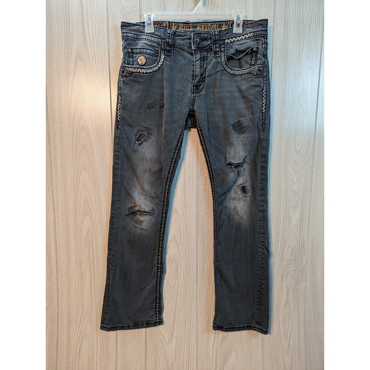 Rock Revival Jeans Mens 33 Gray Denim Finn Slim Boot Distressed READ 34x29