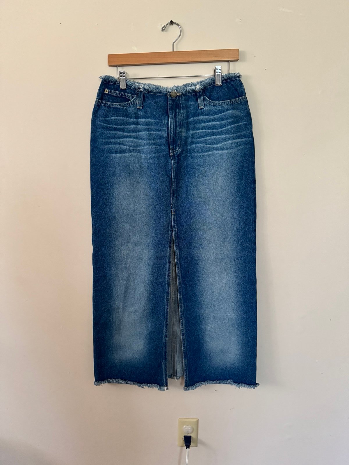 R4R • (9) denim maxi fringe front split skirt
