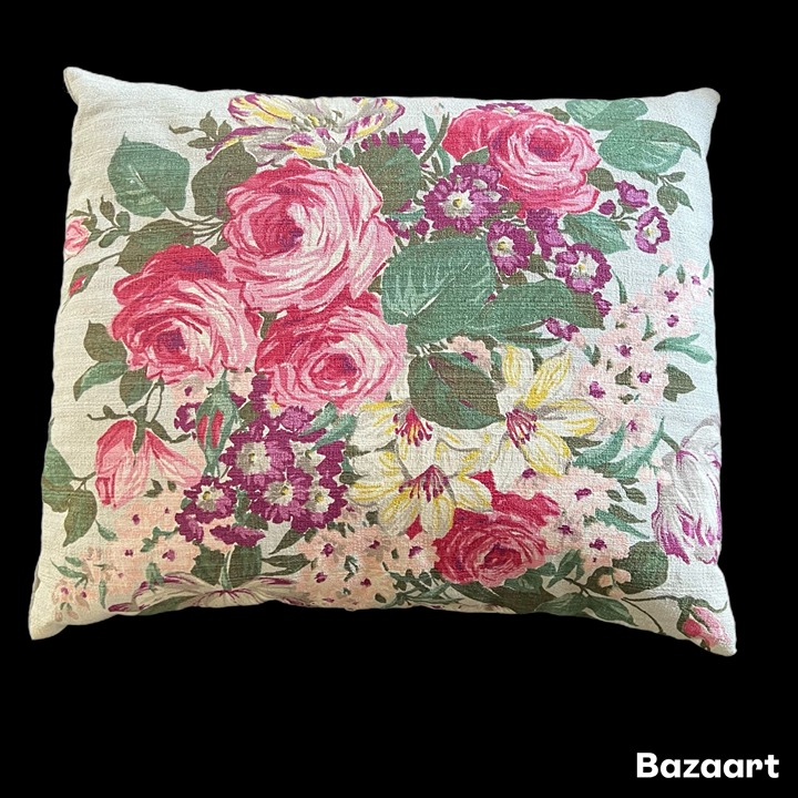VTG Barkcloth Cabbage Rose Floral Accent Pillow