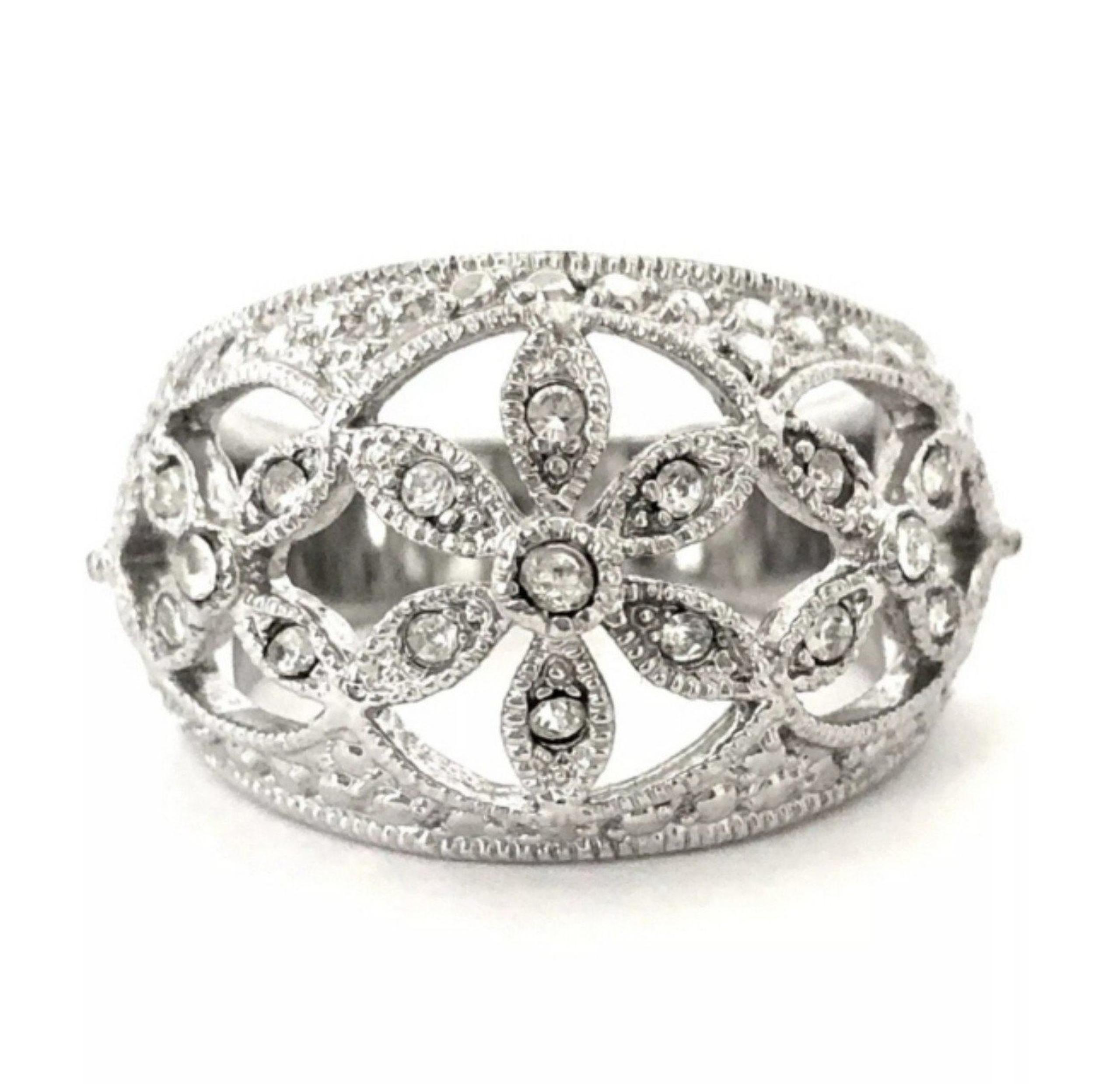 Lia Sophia Womens Sterling Silver Ring Dome Cocktail Rhinestone Floral Cut Out