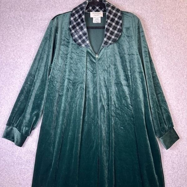 Amanda Stewart Womens Large Cozy Wear Zip Up Front Housecoat Green Long Sleeve