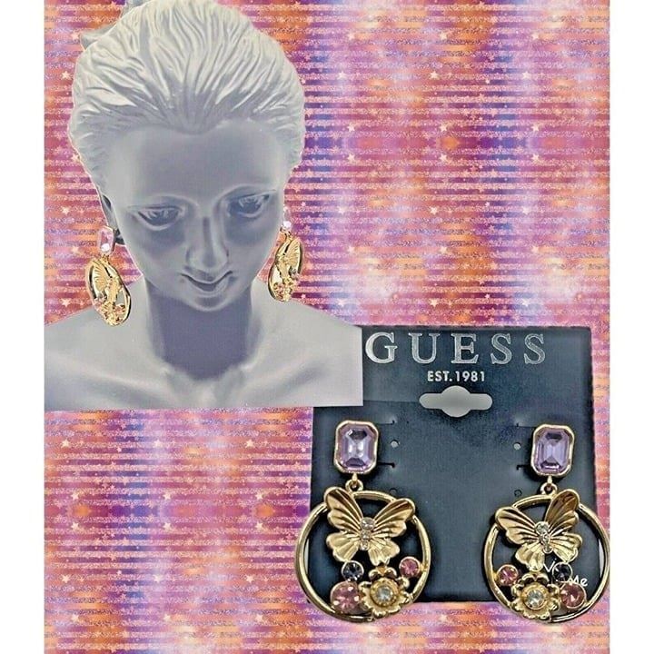 Guess Butterfly Lilac-Pink Accent Stones Gold-Tone Front Facing Hoop Earrings