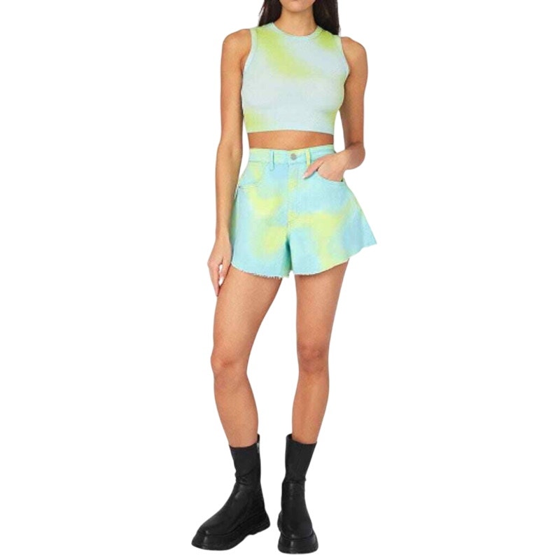 WeWoreWhat Flare Stretch Twill Denim Bell Short in Tie Dye 26 NWT