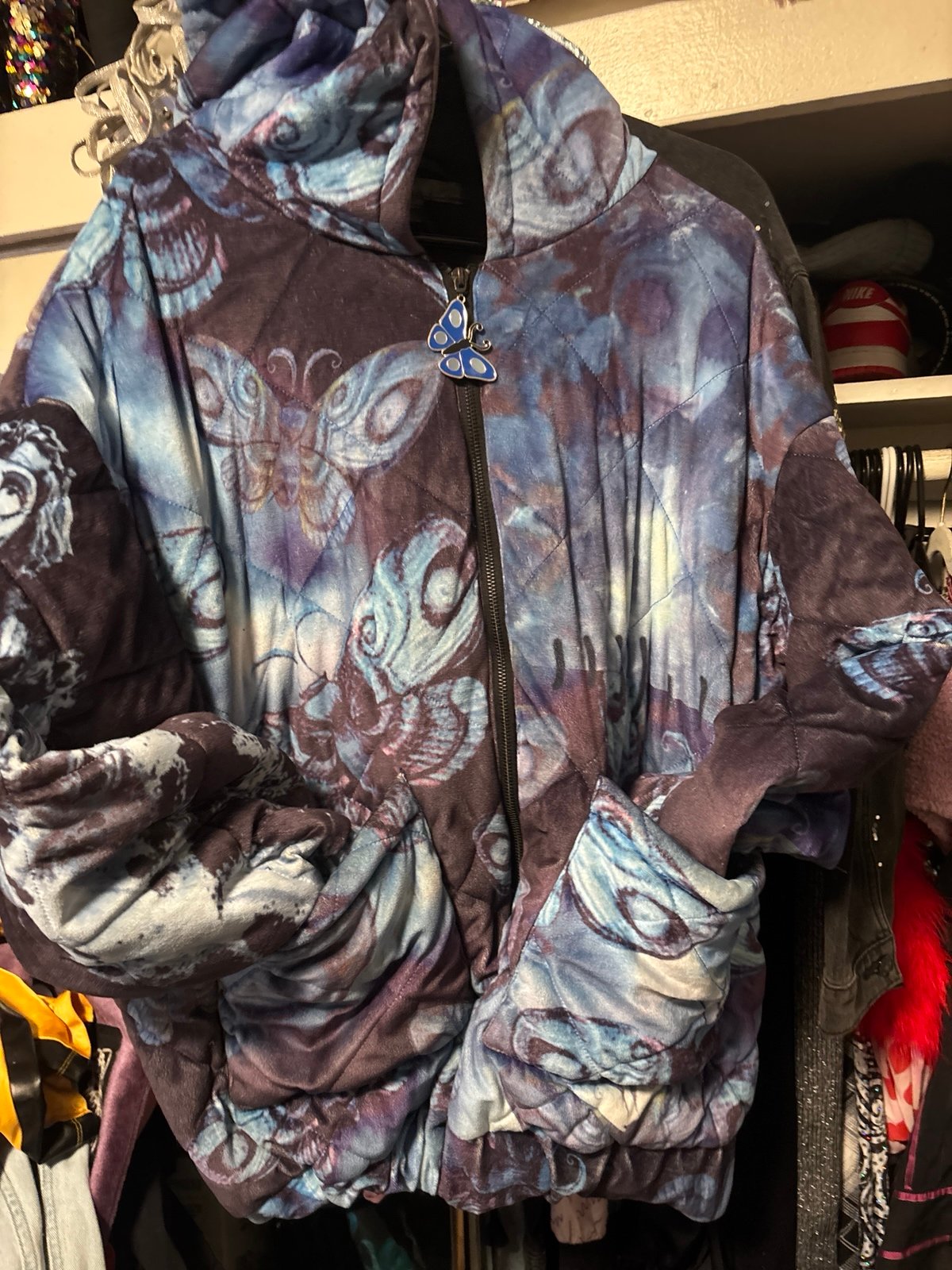 DOLLS KILL CORPSE BRIDE PUFFY VELORE JACKET WITH BUTTERFLY ZIPPER